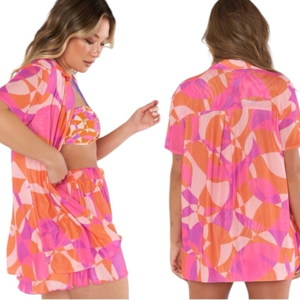 Show Me Your MUMU Blake Button Up Shirt Unisex Sunset Daiquiri Pink Orange Sz XL - Picture 2 of 11